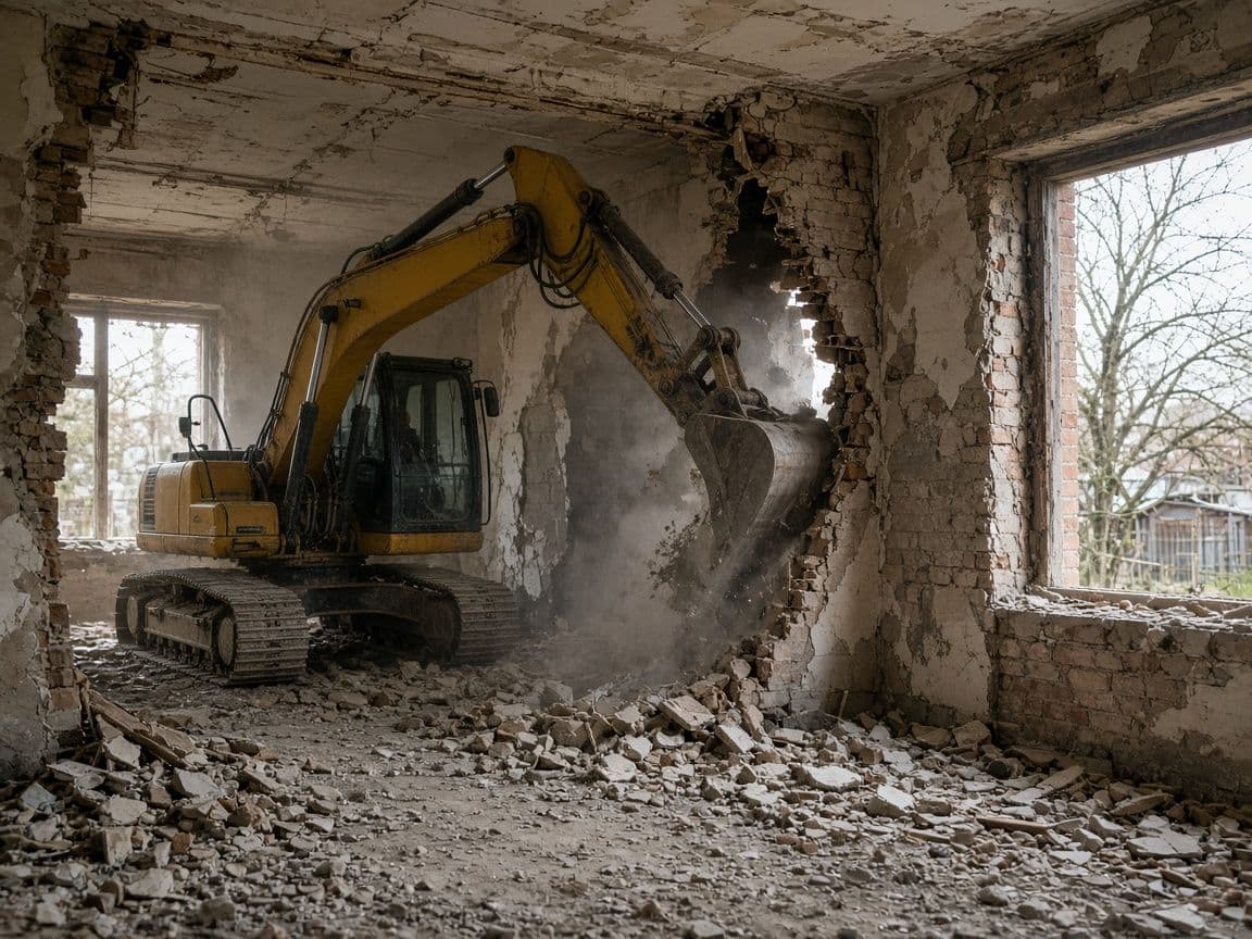 Bagger beim Rückbau einer Innenwand auf einer Baustelle mit Bauschutt
