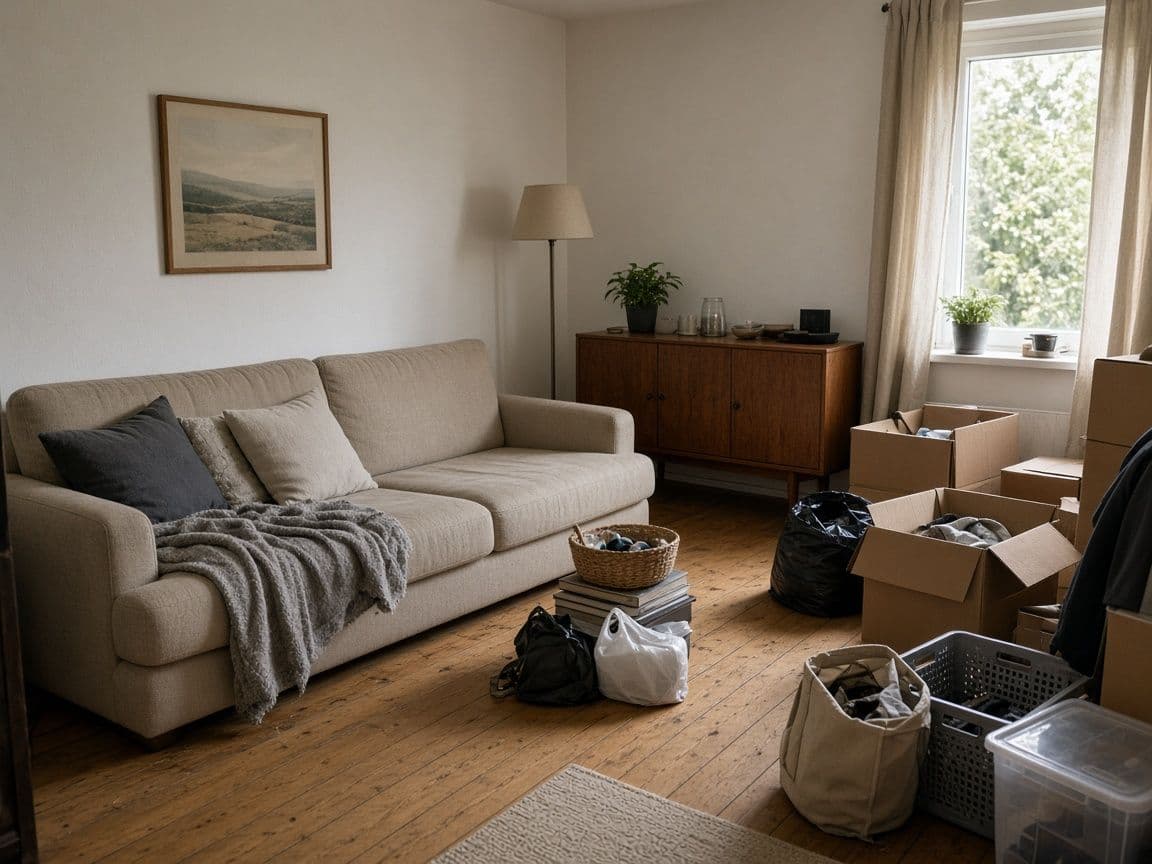 Wohnzimmer mit Sofa, Kartons und Haushaltsgegenständen, vorbereitet für eine Entrümpelung