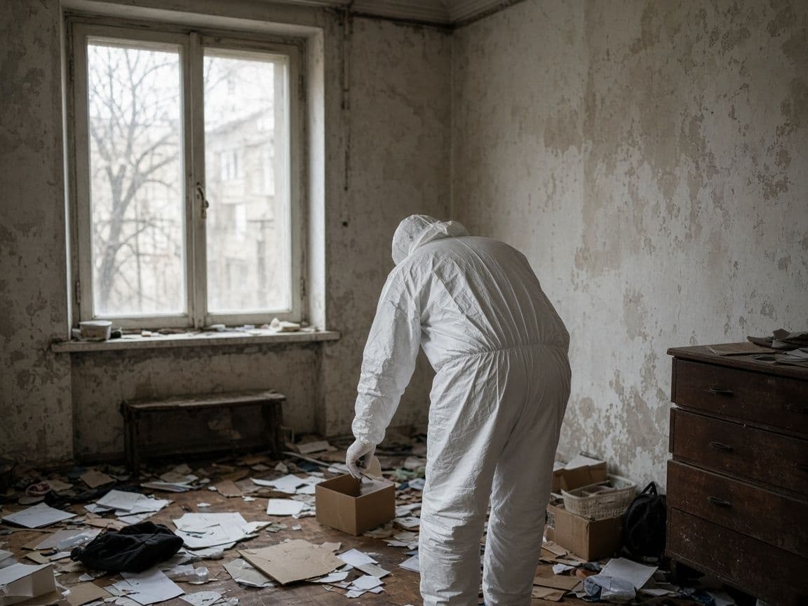 Reinigungskraft in weißem Schutzanzug räumt eine vernachlässigte Wohnung auf, ohne dass eine Person erkennbar ist