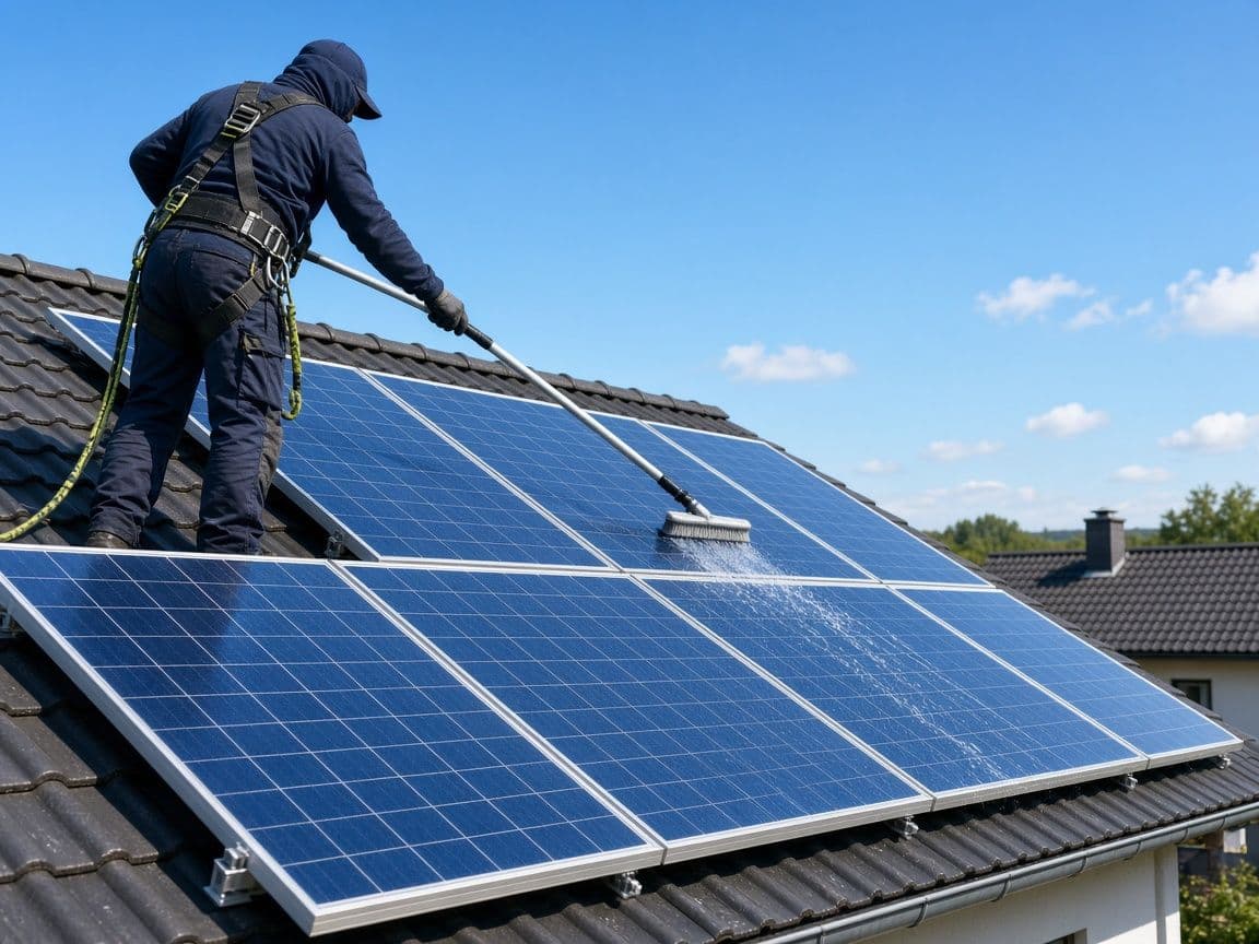 Person mit Sicherungsgurt reinigt Solarmodule auf einem Hausdach mit einer Bürste