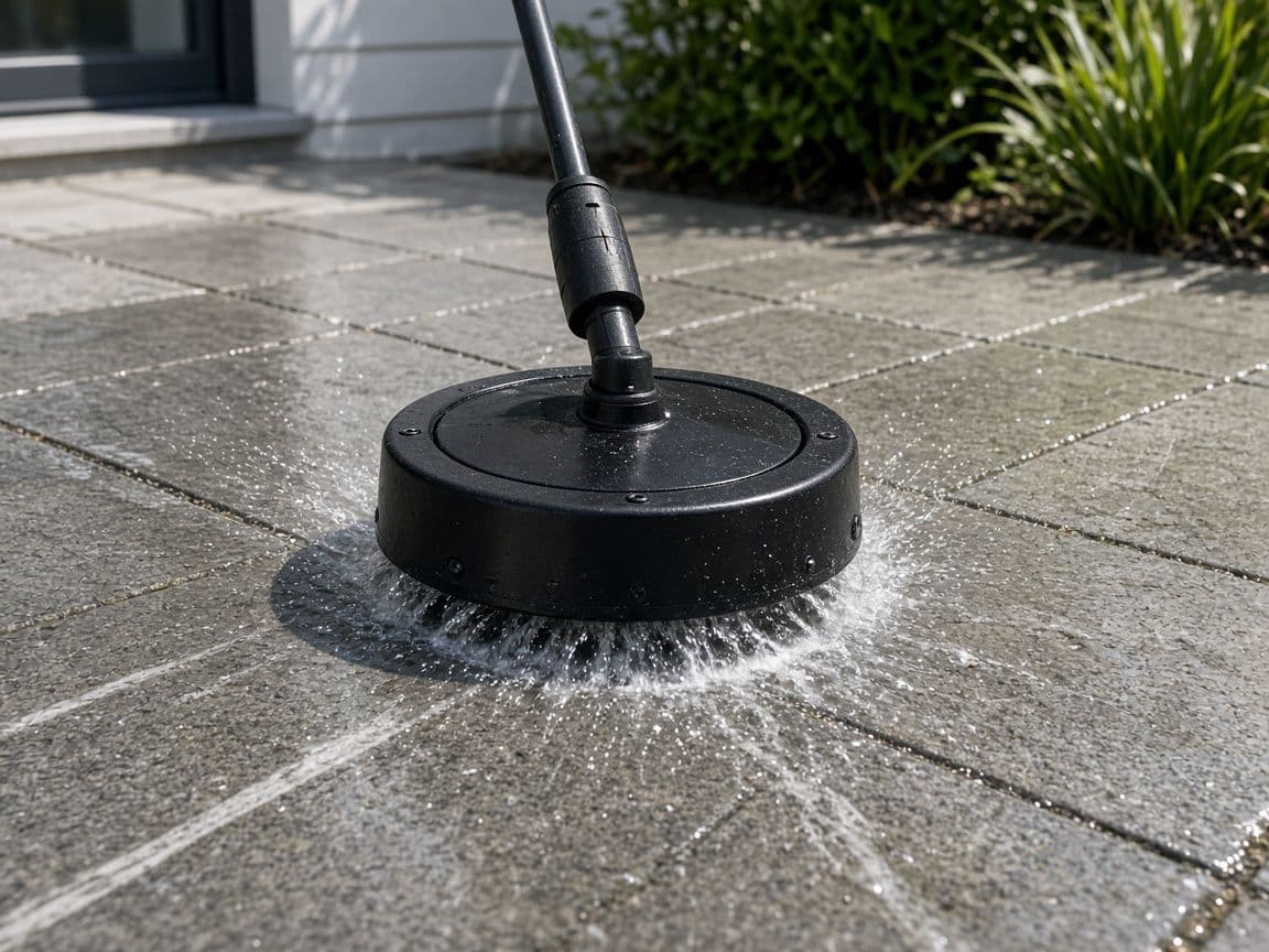 Flächenreiniger säubert nasse graue Terrassenplatten mit Wasser